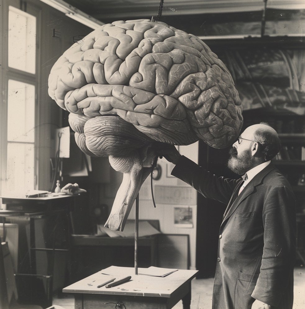 Alfred Binet examining a large anatomical model of the human brain in his laboratory, surrounded by scientific instruments.